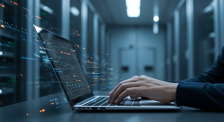 Data scientist coding on laptop in server room environment illustrating advanced analytics and cybersecurity processes for business and technological advancement