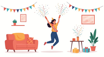 Joyful Girl Celebrates Her Birthday With Confetti And Decorations At Home