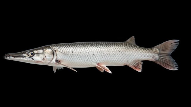 Gar Fish Isolated on Black Background - A detailed close-up shot of a gar fish against a pure black background. The video showcases the fish's scales, fins, and elongated snout in sharp detail.
