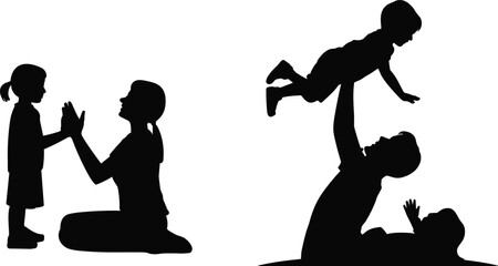 Silhouette family playtime, adult and child interaction, joyful bonding moments, playful parenting illustration, emotional connection, family love, happy childhood, caring relationship, vector art