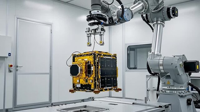 Advanced Robotic Arm Handling a Satellite in a High-Tech Cleanroom for Space Technology