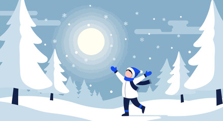 Joyful Winter Scene With Happy Child Playing In Snowy Landscape