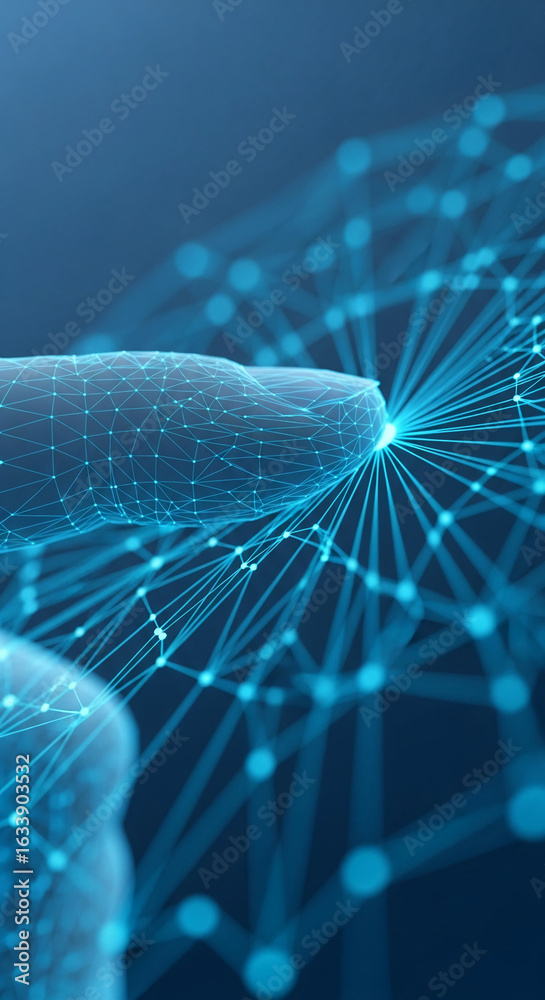 Wall mural abstract image of fingertip interacting with blue digital network, showcasing connection and technol