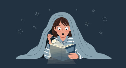 Late Night Reading: Girl Reading Under Blanket With Flashlight At Night