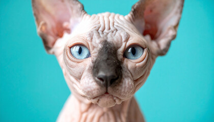 Young Sphynx cat with blue eyes against turquoise background. Pet, domestic animal.