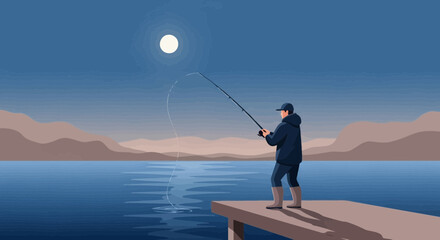 Naklejka premium Man Fishing Alone Under Moonlight Peaceful Scene on Pier Calm Waters