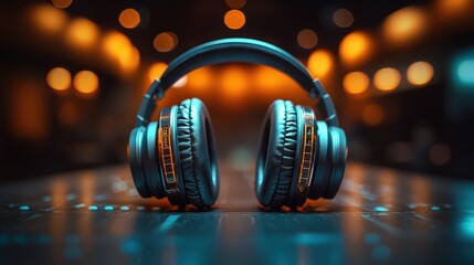 Over-ear headphones on illuminated surface, nightclub bokeh background; music, audio, technology