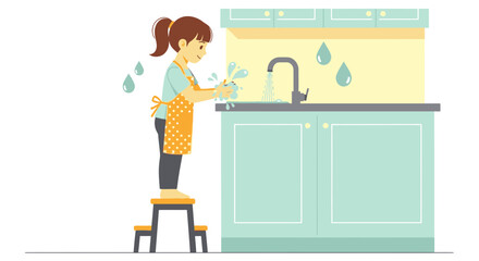 Little Girl Washing Hands In Kitchen Sink With Apron and Stool