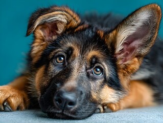 An adorable German Shepherd puppy rests its head on a gray surface looking intently at the camera lens.