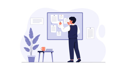 Man Planning And Organizing Ideas On A Bulletin Board At The Office