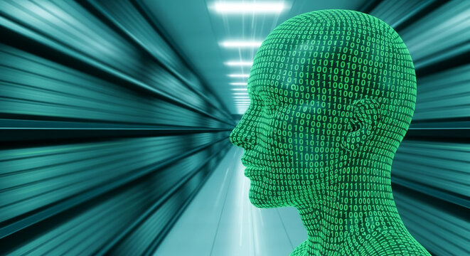 Binary code forms a human head profile against a motion-blurred teal background, symbolizing digital identity or artificial intelligence