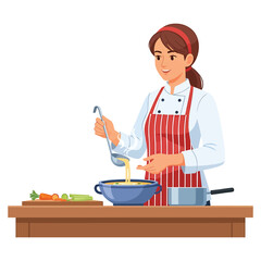 A professional female chef in uniform preparing delicious homemade vegetable soup
