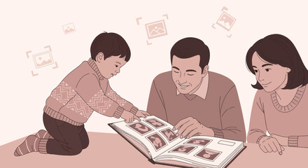 Looking At Old Family Photos With Son Father And Mother Together At Home