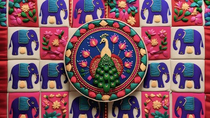 navratri patches and laces for chaniya choli. Kanch kachhi threading work on fabric. elephant and peacock shape indian traditional background for garba and dandiya. multicolor cloth art and ...