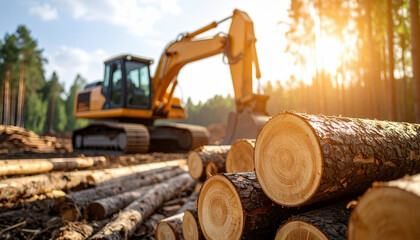 A large excavator operates in a deforested area, surrounded by freshly cut tree logs, under a clear sky with sunlight filtering through the remaining trees.