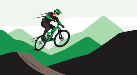 Fototapeta premium Mountain Biker Jumping Over Hills Extreme Sport Recreation Concept Illustration