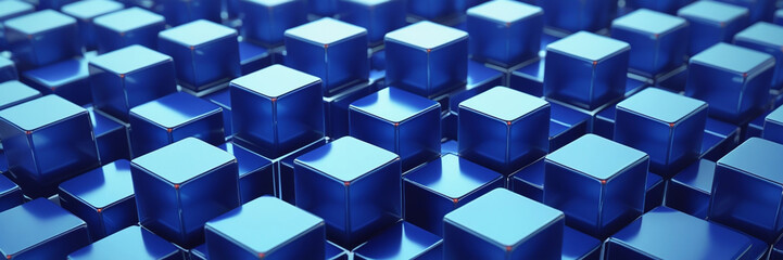 Obraz premium Ultra-sharp 3D blue cubes densely clustered with crisp edges, glowing matte and glossy surfaces in layered formation.