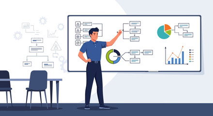 Fototapeta premium Man Presenting Business Charts And Diagrams On Whiteboard In Meeting Presentation