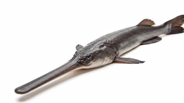 Longnose Gar Fish on White Background - A single longnose gar fish is presented against a stark white backdrop.