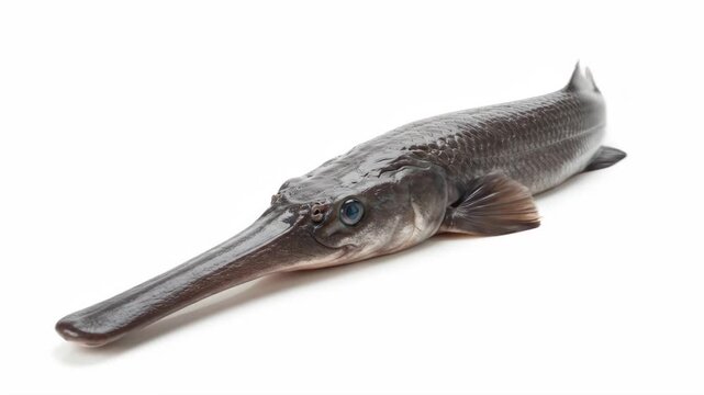 Fresh Gar Fish on White Background - A whole, fresh gar fish is displayed on a clean white background. The fish is positioned horizontally, showcasing its unique long snout and dark gray coloring.