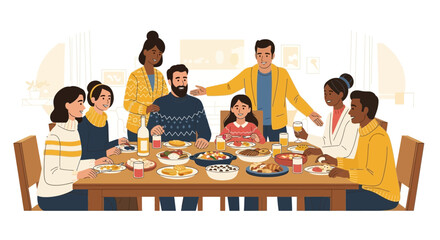 Multicultural Family Dinner Celebrations and Festive Gatherings in Vector Art