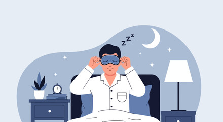 Man Relaxing In Bed With A Sleeping Mask At Night For Better Sleep
