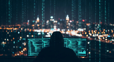 Hooded figure sits before two computer screens displaying code, against a backdrop of a night city blurred with binary code