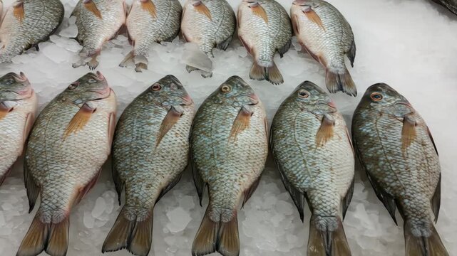 Fresh Fish on Ice at Market - A high-angle, close-up shot shows rows of fresh, whole fish displayed on a bed of ice at a market.