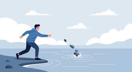 Obraz premium Man Throwing Rocks Into Serene Water Under Cloudy Sky Illustration