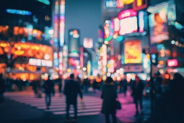 Blurry night cityscape, bustling street scene