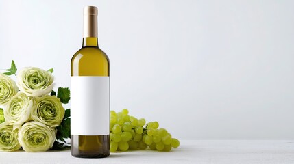 Fototapeta premium Still Life of White Wine Bottle, Green Grapes, and White Flowers Representing Simplicity and Elegance