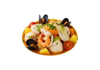 Traditional French bouillabaisse in a white ceramic bowl, rich saffron broth with fish, mussels, shrimp, vegetables, rouille, parsley on a transparent studio background, commercial food concept