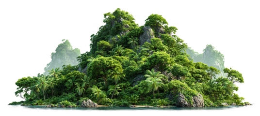 Tropical jungle island with dense green vegetation, isolated on transparent cutout background