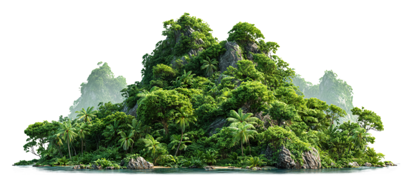 Tropical jungle island with dense green vegetation, isolated on transparent cutout background