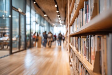 Modern library interior with bookshelves and blurred people