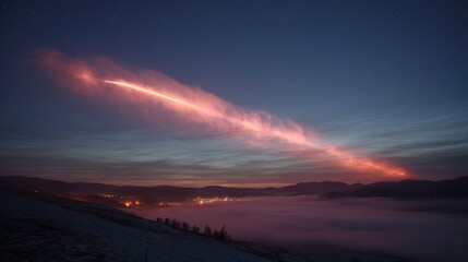 Night sky, glowing trail, misty valley