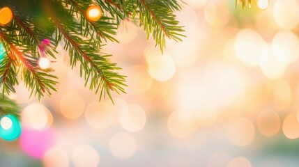 Obraz premium Pine tree branches adorned with colorful lights during festive season