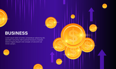 3D golden dollar coins floating in motion, symbolizing wealth, income, fintech transactions, and digital economy in a vibrant business-themed financial layout.

