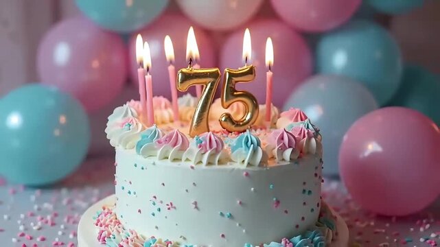 75th celebration cake with candle glow, pink-blue frosting, and festive balloon background
