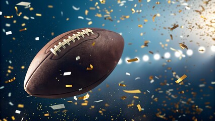 American football flying through stadium lights with confetti celebration