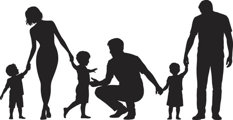 Silhouette family holding hands, parents and children, unity, love, bond, togetherness, emotional connection, black and white art, family illustration