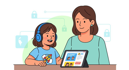 Online Safety Education For Child With Mother Using Tablet Technology At Home