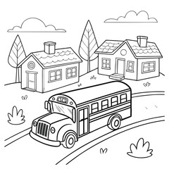 Naklejka premium Back to School Coloring Page – Bus, Road, and Suburban Landscape 
