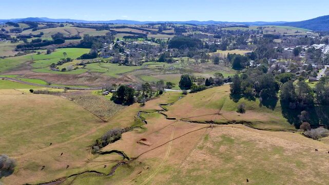 Aerial Flyover of Rolling Hills and Farmland in Dorrigo
