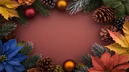 Holiday decoration with colorful leaves and ornaments showcases seasonal beauty