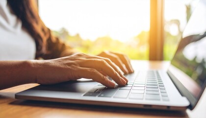Close-up of a person's hands typing on a laptop keyboard, with warm sunlight filtering through a window in the background, suggesting a productive or creative work session.
