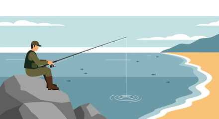 Naklejka premium Peaceful Fishing Trip On The Shore With Fisherman And Fishing Rod