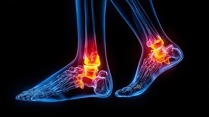 Medical image of foot and ankle bones and joints, with highlighted joints, showcasing human anatomy, medical, and skeletal structure concepts.