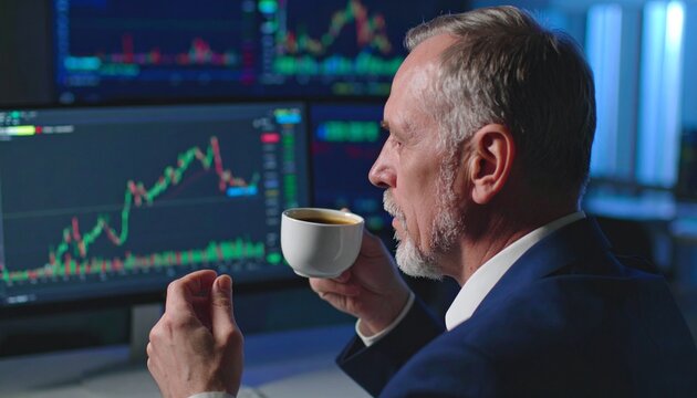 Senior businessman reviews financial charts while enjoying a cup of coffee.