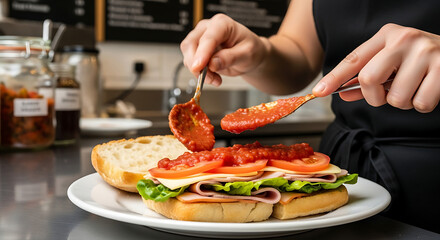 Chefs hands carefully spreading red tomato sauce on a fresh ham and cheese sandwich.